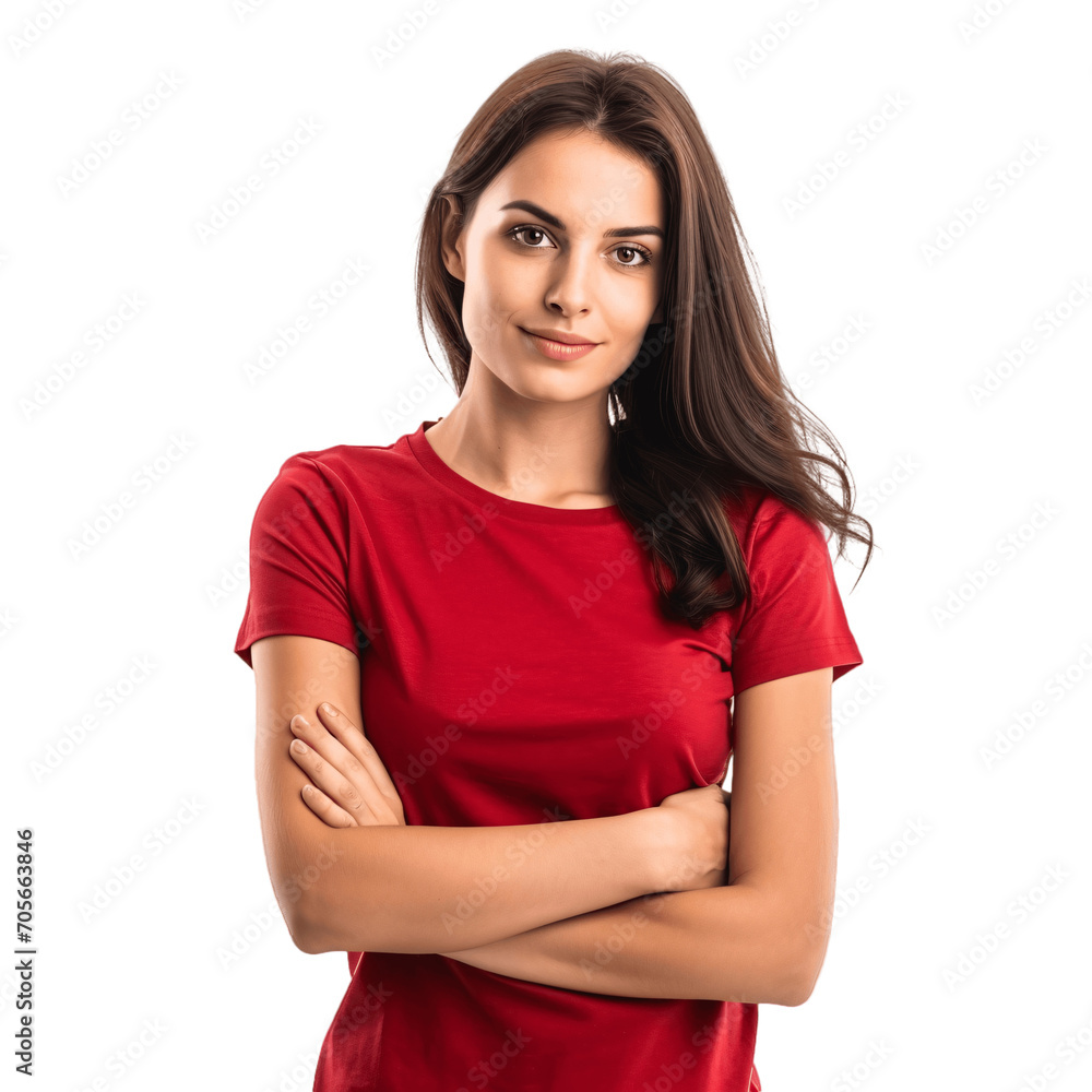 Brunette woman wearing simple red t-shirt. Clothing mockup cutout, isolated on transparent background, no background. Brunette woman wearing simple red t-shirt. Clothing mockup cutout, isolated on transparent background, no background.