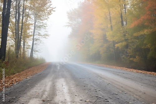 gravel road leading into fog-covered woods