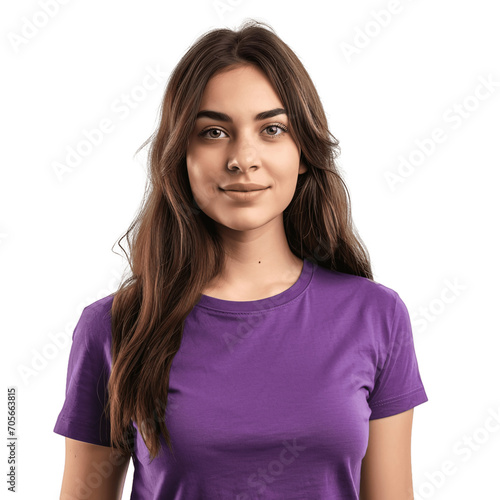 Brunette woman wearing simple purple t-shirt. Clothing mockup cutout, isolated on transparent background, no background. © TimeaPeter