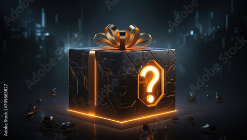 Mysterious gift box with question marks and golden bow on dark background with bokeh lights.