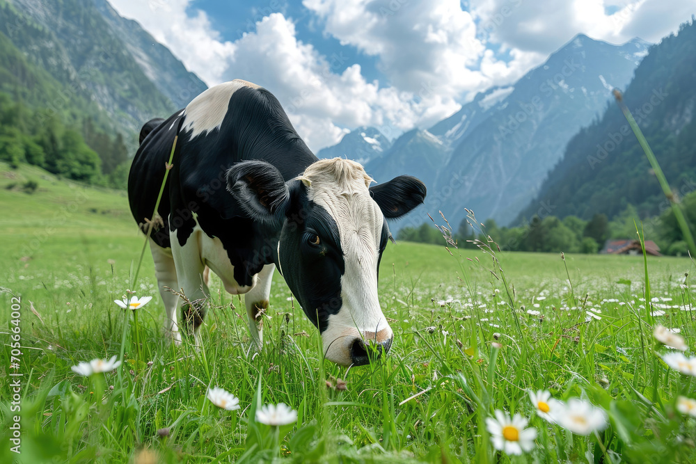 A Holstein cow grazes in an alpine meadow against the backdrop of beautiful mountains - obrazy, fototapety, plakaty 