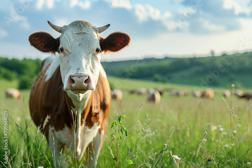 Brown cow grazing in a meadow with pasture in the background, copy space