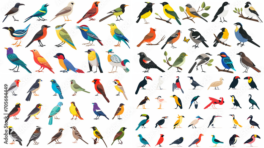 Flat Design Vector Birds Icon Set. Popular Birding Species Collection. Exotic Bird Set in Flat Design On White. . Vector Illustration, World Animals Day, Birds Day, Countries Birds, Generative Ai