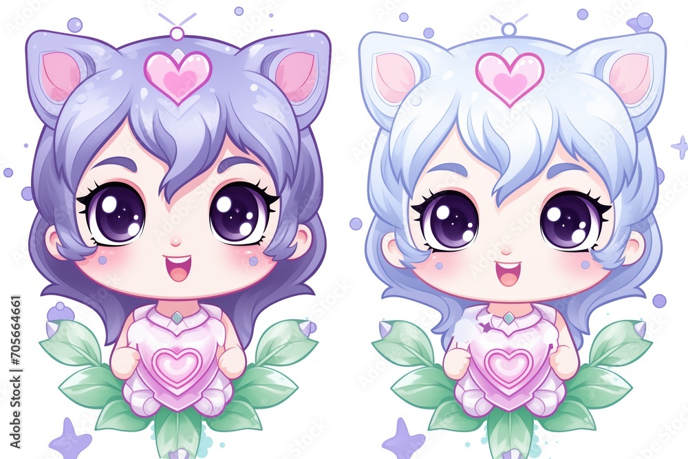 Fototapeta premium Two cute pretty anime girl twins greeting card