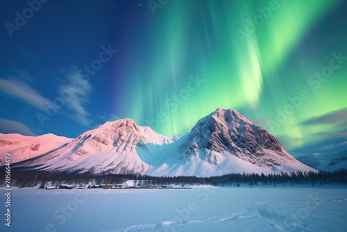 glowing aurora behind snowy mountain peaks © studioworkstock