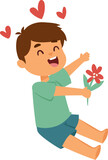 Happy cartoon boy sitting holds flower with hearts. Kid showing love with a cheerful expression. Joyful child with plant, happiness concept vector illustration.