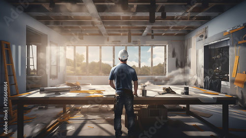 A contractor Performing construction checks in Modern Room © growth.ai