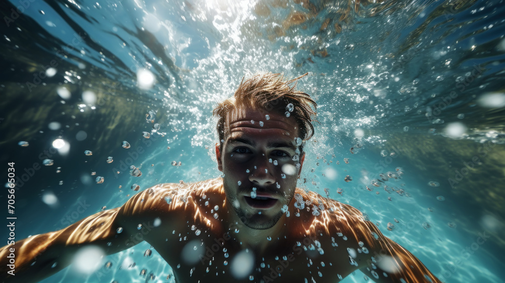Close up of a swimmer face under the water in a pool. Handsome and strong body. Water sports concept. Generative AI