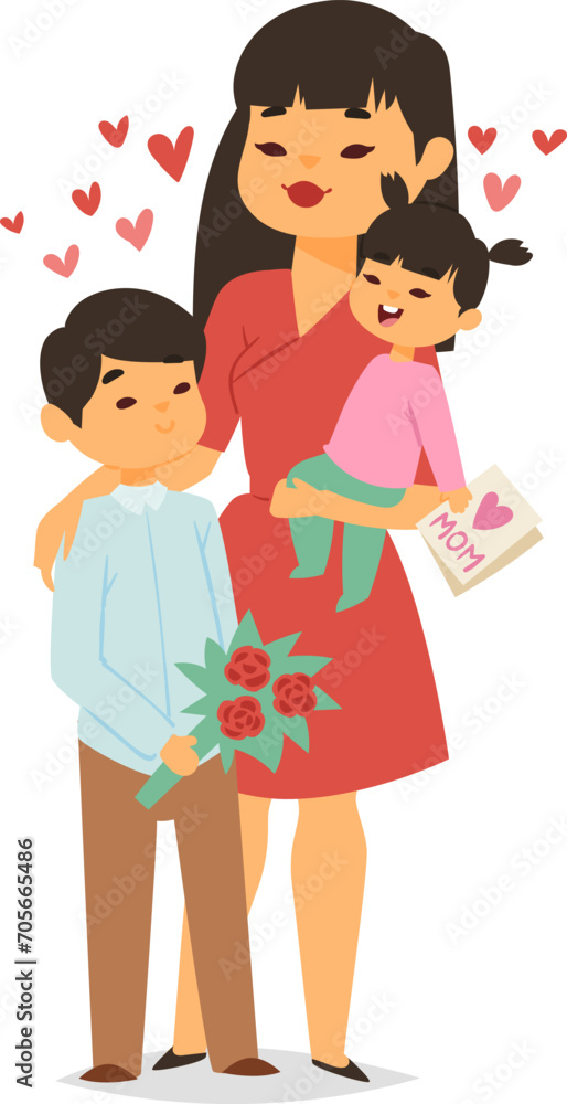 Asian mother with two children, boy giving flowers, daughter holding card with 'Mom'. Family showing love, Mother's Day celebration vector illustration Asian mother with two children, boy giving flowers, daughter holding card with 'Mom'. Family showing love, Mother's Day celebration vector illustration
