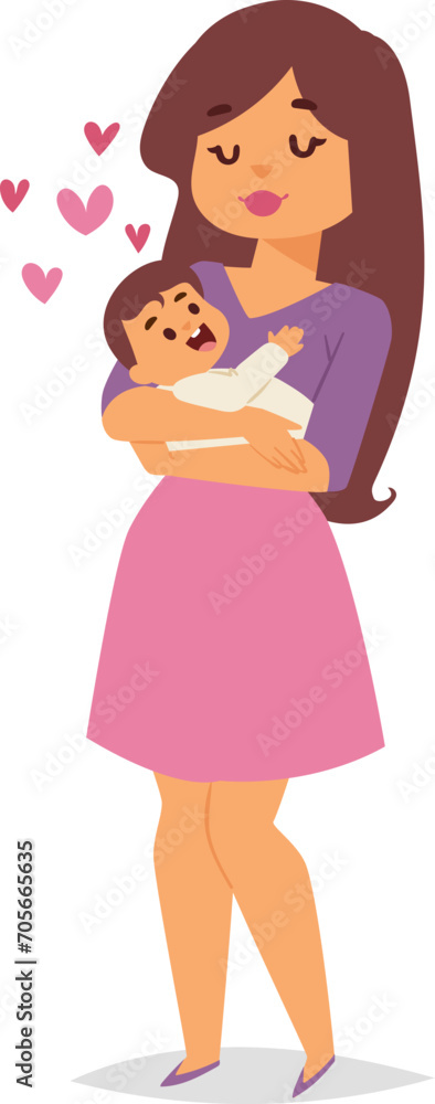 Mother lovingly holding her baby with care and affection. Young woman cradling a happy infant surrounded by hearts. Motherhood and love concept vector illustration.