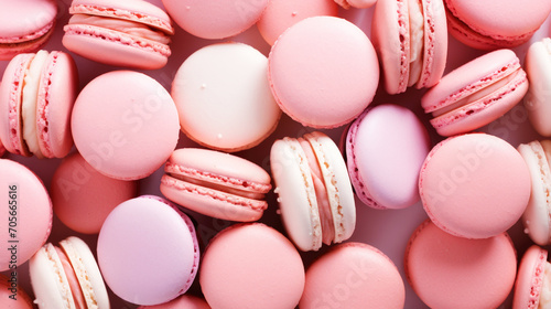 Pink strawberry macarons backdrop. View from above. Aesthetic delicious background. Pastel colour palette. Generative AI