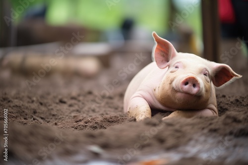 sow lounging in thick mud patch photo