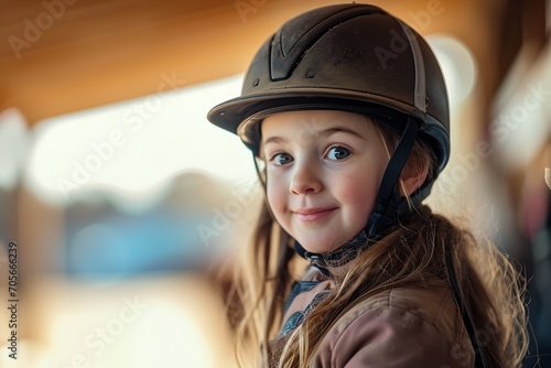 Happy girl kid learning how to ride a horse, Generative AI. photo