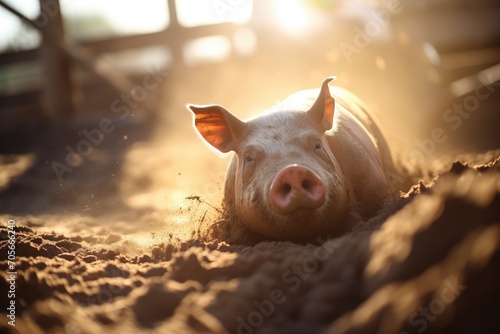 sunlight catching pig in mud