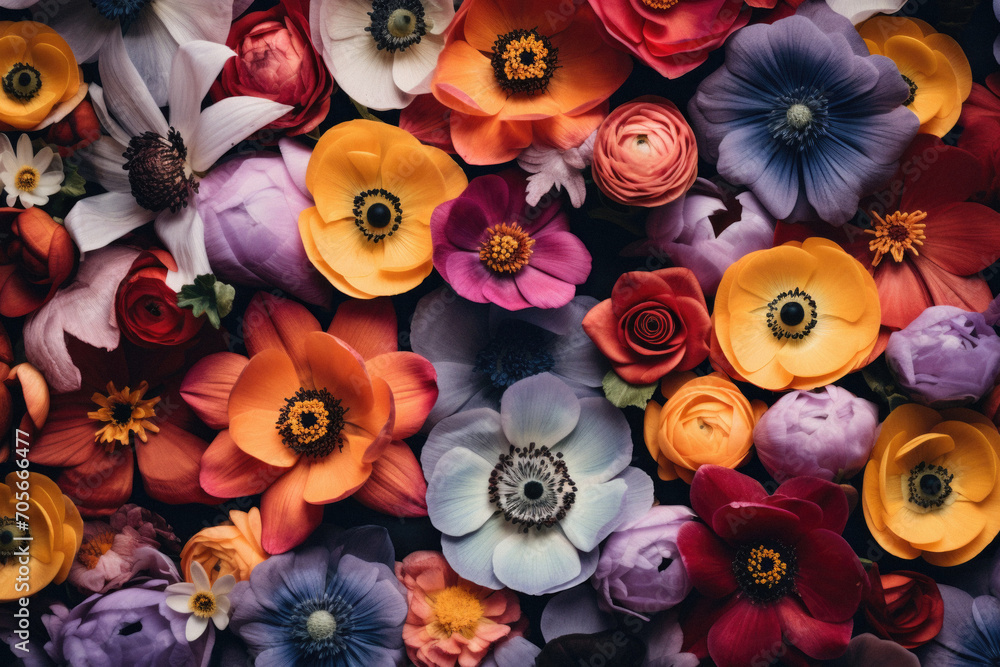 Colorful artificial flowers as background, top view. Floral background.