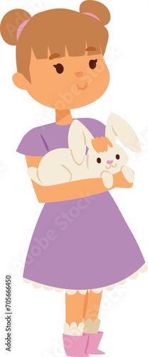Young girl holding a white rabbit, cute child in a purple dress with pet, happy childhood and pet care concept vector illustration