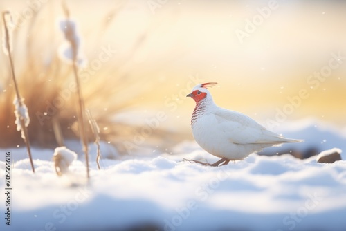 frosty morning with ptarmigan in snow field photo