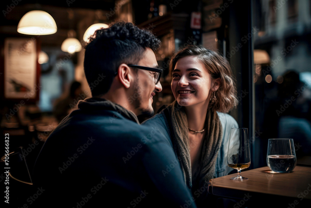 nice mature couple celebrating valentine's day in a restaurant at night with dim light - created with AI -