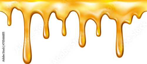 Sweet sticky honey dripping and melting, isolated amber essence or fluid drops. Vector maple syrup or caramel topping flowing with droplets, oily substance photo