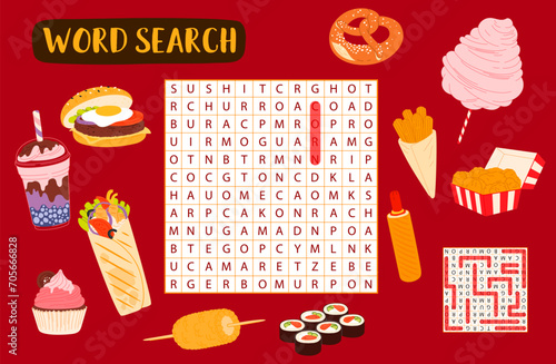 Word search puzzle game with fast food, desserts and drinks. Vector junk meal puzzle grid worksheet, cartoon hot dog, hamburger, chicken nuggets and sushi rolls, burrito, milkshake, cupcake, corn