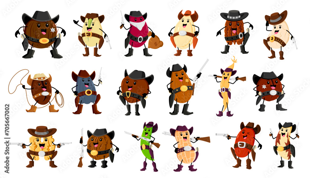 Obraz premium Cartoon nut, bean and legume cowboy, ranger, bandit and ranger characters. Vector coconut, peanut, walnut, sunflower or pumpkin seeds. Macadamia, almond, cashew or pistachio, coffee and brazil grains