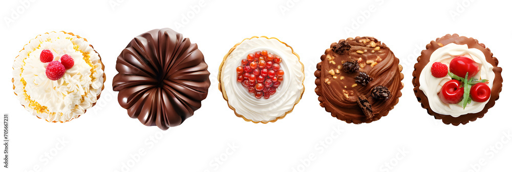 Variety of Christmas holiday desserts and sweets. Above view table scene over a transparent background. Bundt cake, chocolate pie, mincemeat tarts, cookies, fudge