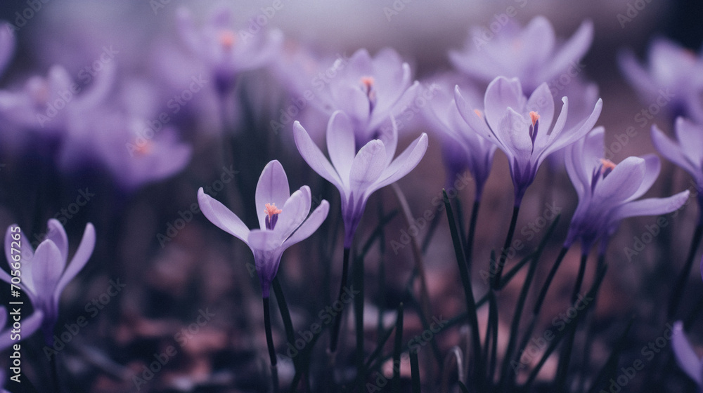 Violet crocus flowers in the forest. Early spring. . Violet crocus flowers in the forest. Early spring. .