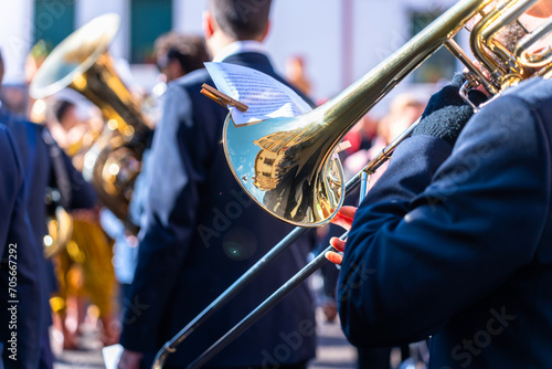 Wind instrument music band making music on the street.