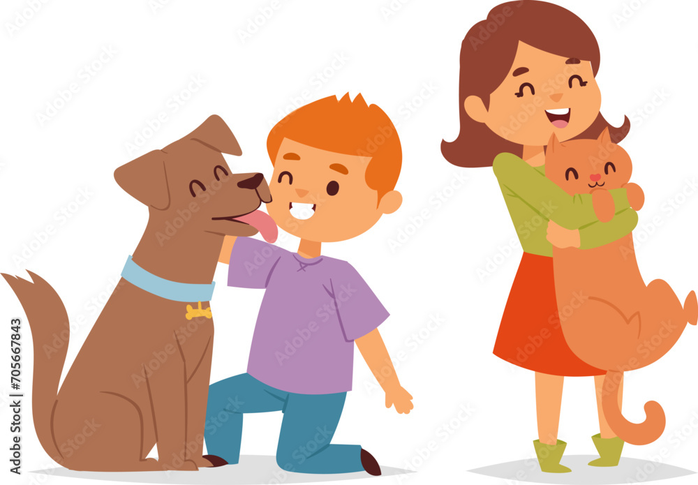 Boy petting happy brown dog and girl holding ginger cat, both kids smiling. Joyful pet ownership and children with animals vector illustration. Boy petting happy brown dog and girl holding ginger cat, both kids smiling. Joyful pet ownership and children with animals vector illustration.