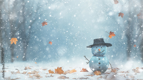 art background, autumn snowman postcard, illustration white snow background in november, cold autumn winter view december calendar © kichigin19