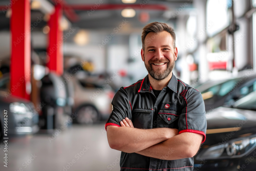 Contented Auto Expert on Break Surrounded by Cars Contented Auto Expert on Break Surrounded by Cars