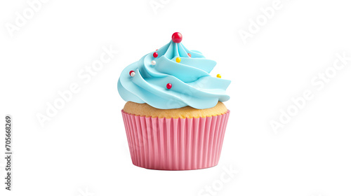 Birthday cupcake with blue cream and decoration isolated on transparent
