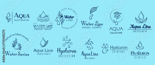 Aqua minimal emblems, hyaluron and water cosmetics, clean, refreshing, and hydrating. Isolated vector set of linear labels, embodies the essence of cosmetic products, pure hydration for radiant skin photo