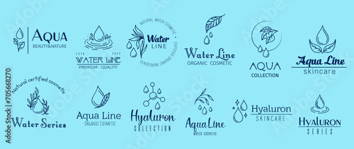 Aqua minimal emblems, hyaluron and water cosmetics, clean, refreshing, and hydrating. Isolated vector set of linear labels, embodies the essence of cosmetic products, pure hydration for radiant skin