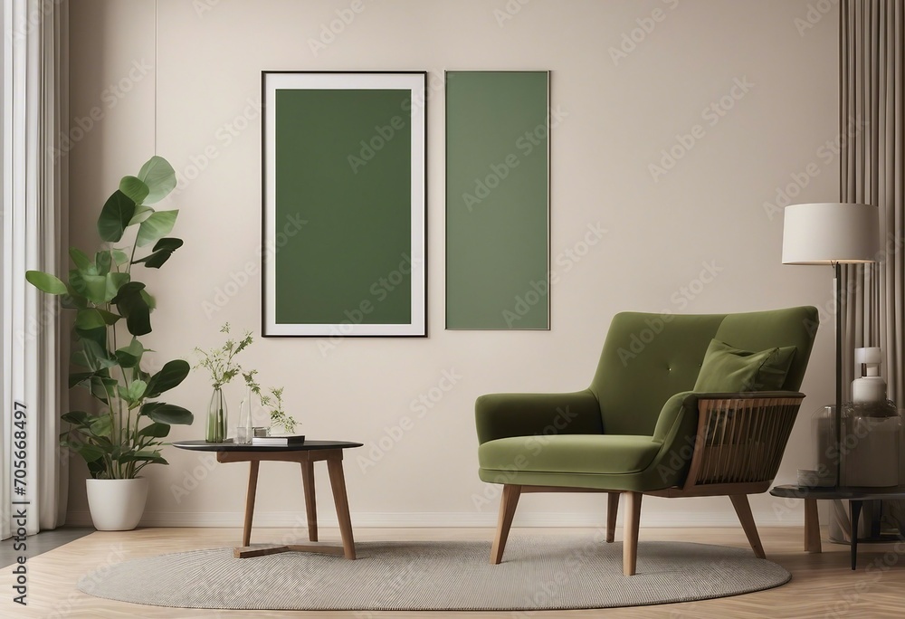 Empty poster frame on beige wall in living room interior with modern furniture and decorative green Empty poster frame on beige wall in living room interior with modern furniture and decorative green