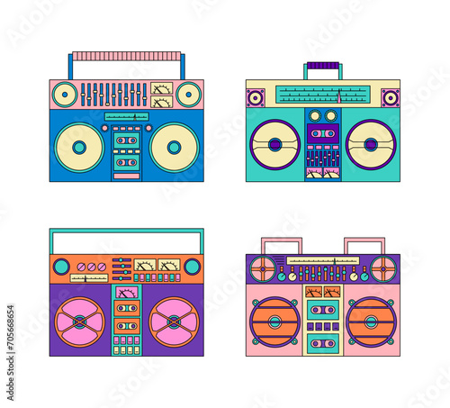 Cartoon Color Different Boombox Icon Set Cassette Music Retro Concept Flat Design Style. Vector illustration of Tape Recorders