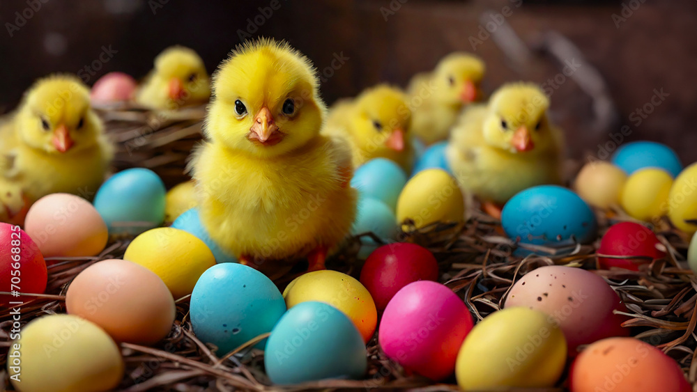 Yellow ducklings surrounded by eggs painted in different colors. Easter Eggs Concept Yellow ducklings surrounded by eggs painted in different colors. Easter Eggs Concept