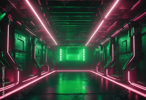 Sci Fi Futuristic Neon Laser Electric Cyber Glowing Bunker Green Lights Stage Garage Hangar Hallway