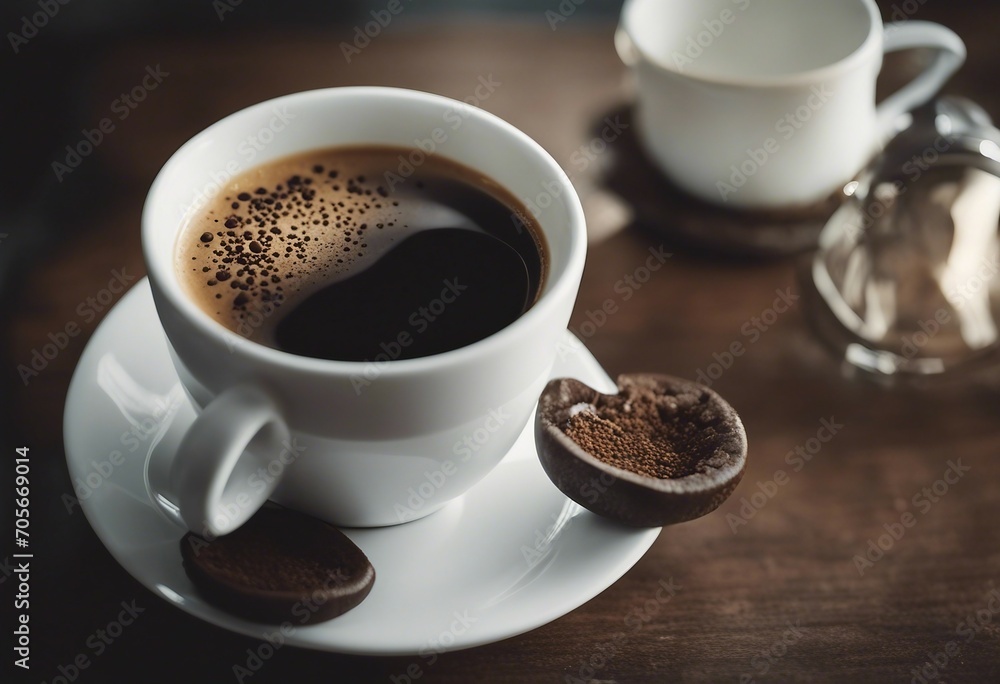 White cup and saucer with freshly brewed strong black espresso coffee with crema isolated beverage White cup and saucer with freshly brewed strong black espresso coffee with crema isolated beverage