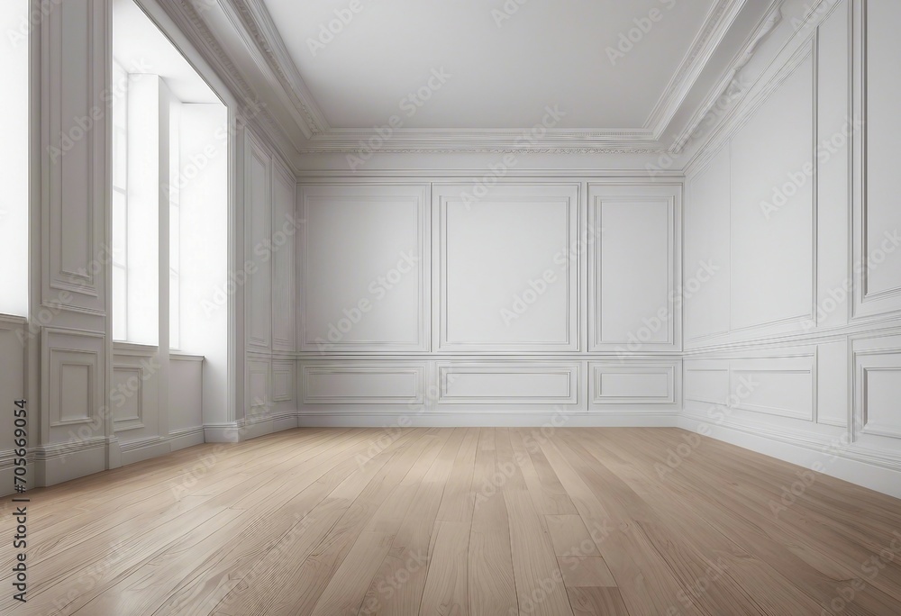 White wall with classic style mouldings and wooden floor empty room interior 3d render White wall with classic style mouldings and wooden floor empty room interior 3d render