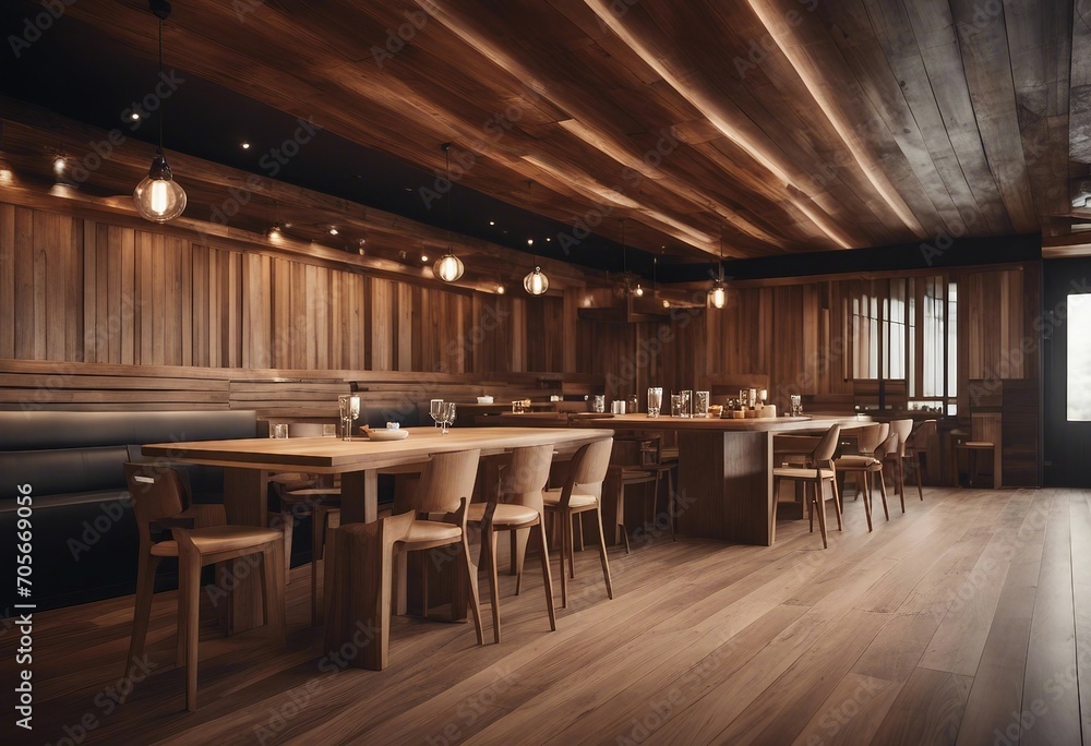 Wooden restaurant interior with blank wall