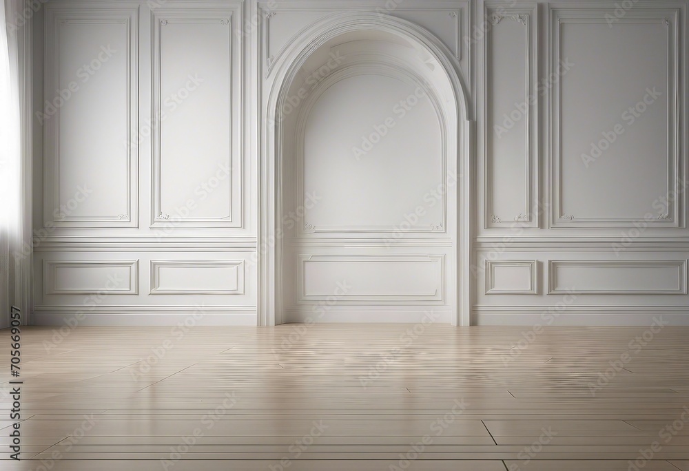 White wall with classic style mouldings and wooden floor empty room interior 3d render White wall with classic style mouldings and wooden floor empty room interior 3d render