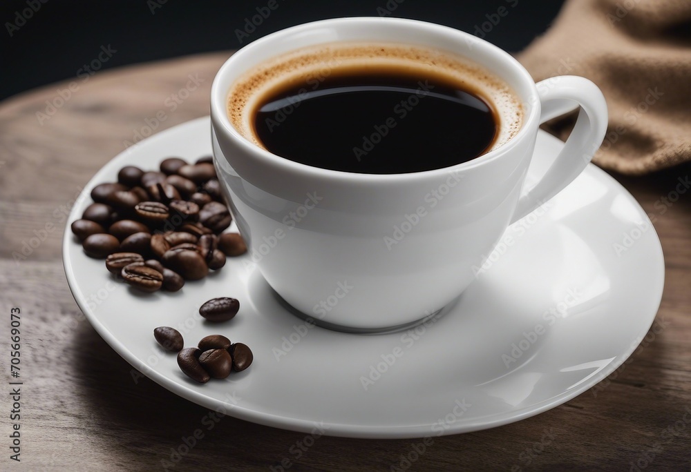 White cup and saucer with freshly brewed strong black espresso coffee with crema isolated beverage White cup and saucer with freshly brewed strong black espresso coffee with crema isolated beverage
