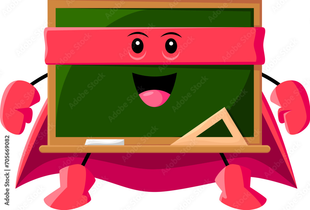 Cartoon blackboard school supply superhero and defender character. Isolated vector chalkboard personage with a trusty mask and cape, battles homework monsters and empowers students with knowledge Cartoon blackboard school supply superhero and defender character. Isolated vector chalkboard personage with a trusty mask and cape, battles homework monsters and empowers students with knowledge