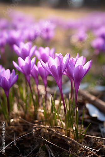Purple crocuses in the spring garden. Early spring.