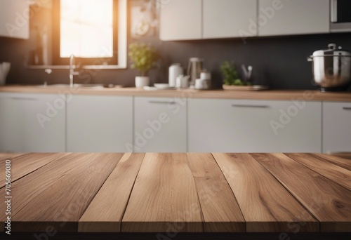 Wooden table top on blur kitchen room background Modern Contemporary kitchen room interior