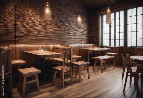 Wooden restaurant interior with blank wall © ArtisticLens