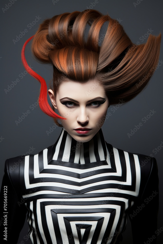 Portrait modern beautiful model in eccentric striped style Portrait modern beautiful model in eccentric striped style