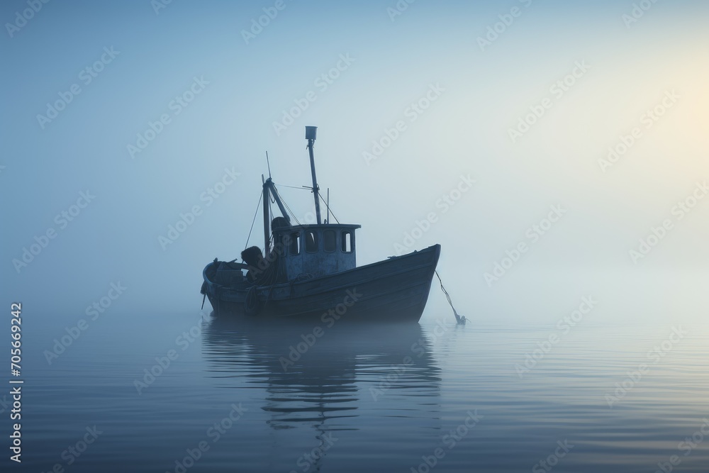 Eerie Man boat foggy. Fog vacation. Generate Ai