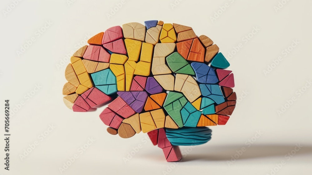 Colorful wooden puzzle brain model. Neurodiversity concept, human mind complexity. Creativity, brainstorming and emotional intelligence.